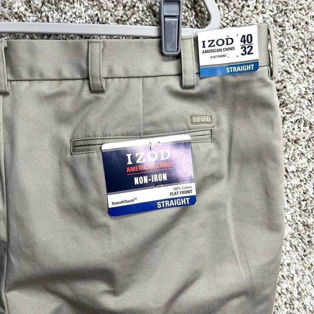 Izod Pants Men’s 40x32 Non-Iron Smooth Flat Front Straight Leg American Chino Kh